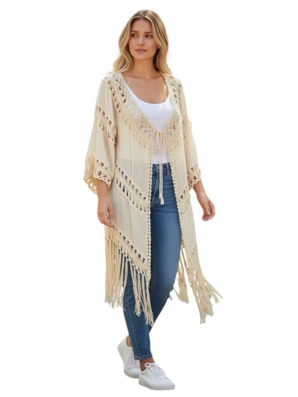 Boho Crochet Fringe Kimono Womens Large Cream Festival Beach Cover Up